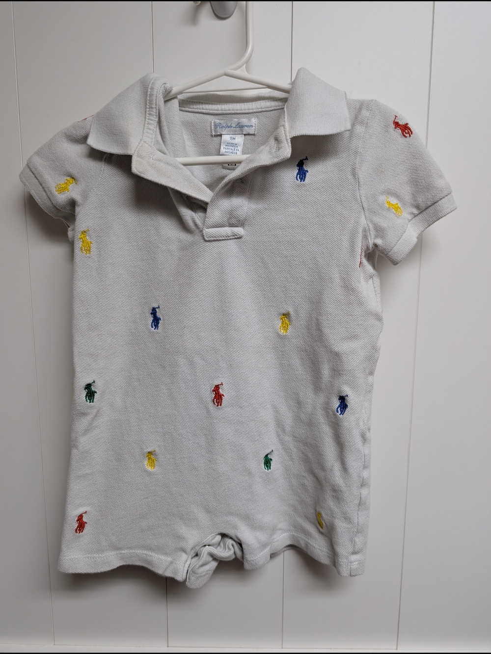 Ralph Lauren White Polo Romper with Multicolor Pony Logos